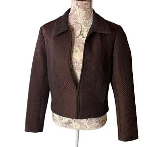 KENAR Quilted Jacket Brown Geometric Pattern Zip Up Collared Size 8/10